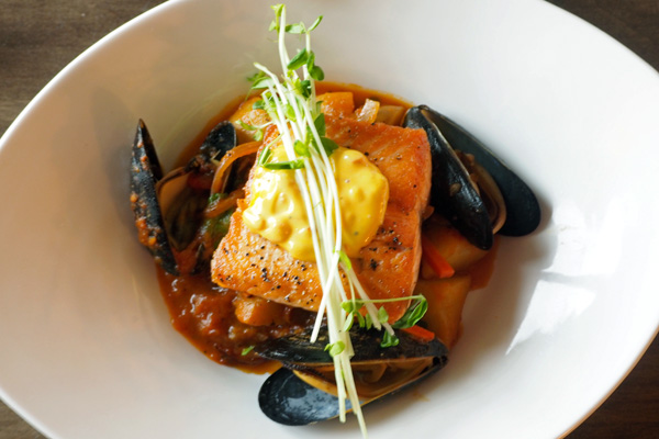 Steelhead salmon with mussels