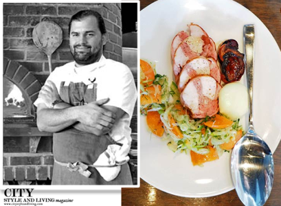 Executive Chef and owner Nick Strawhecker, and a rabbit and persimmion dish.