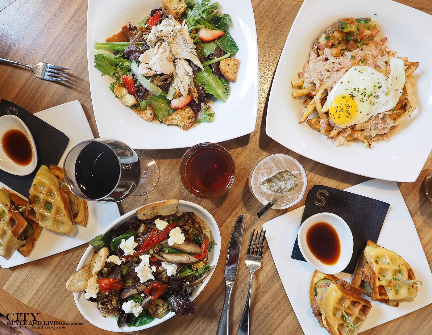 City Style and Living Magazine Salon Sucre New Orleans chicken and waffles, poutine, mediterranean salad