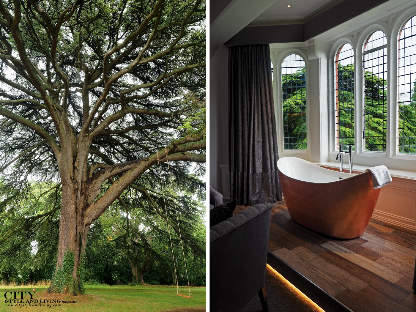 City Style and Living Magazine Winter 2018 Travel Luxury Hotels Wales Caer Rhun Hall lebanon tree and copper soaking tub in room